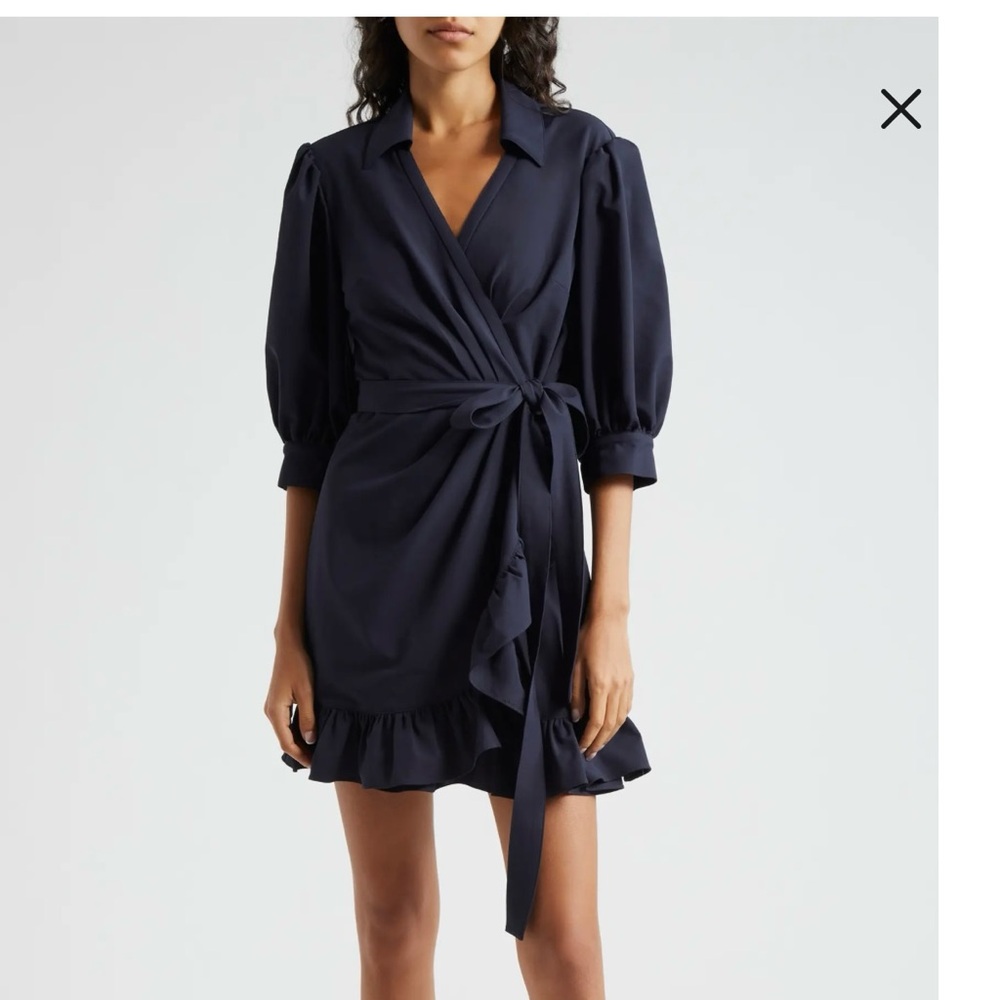 Cinq à Sept Blue Wrap Mini Dress with Puff Sleeves